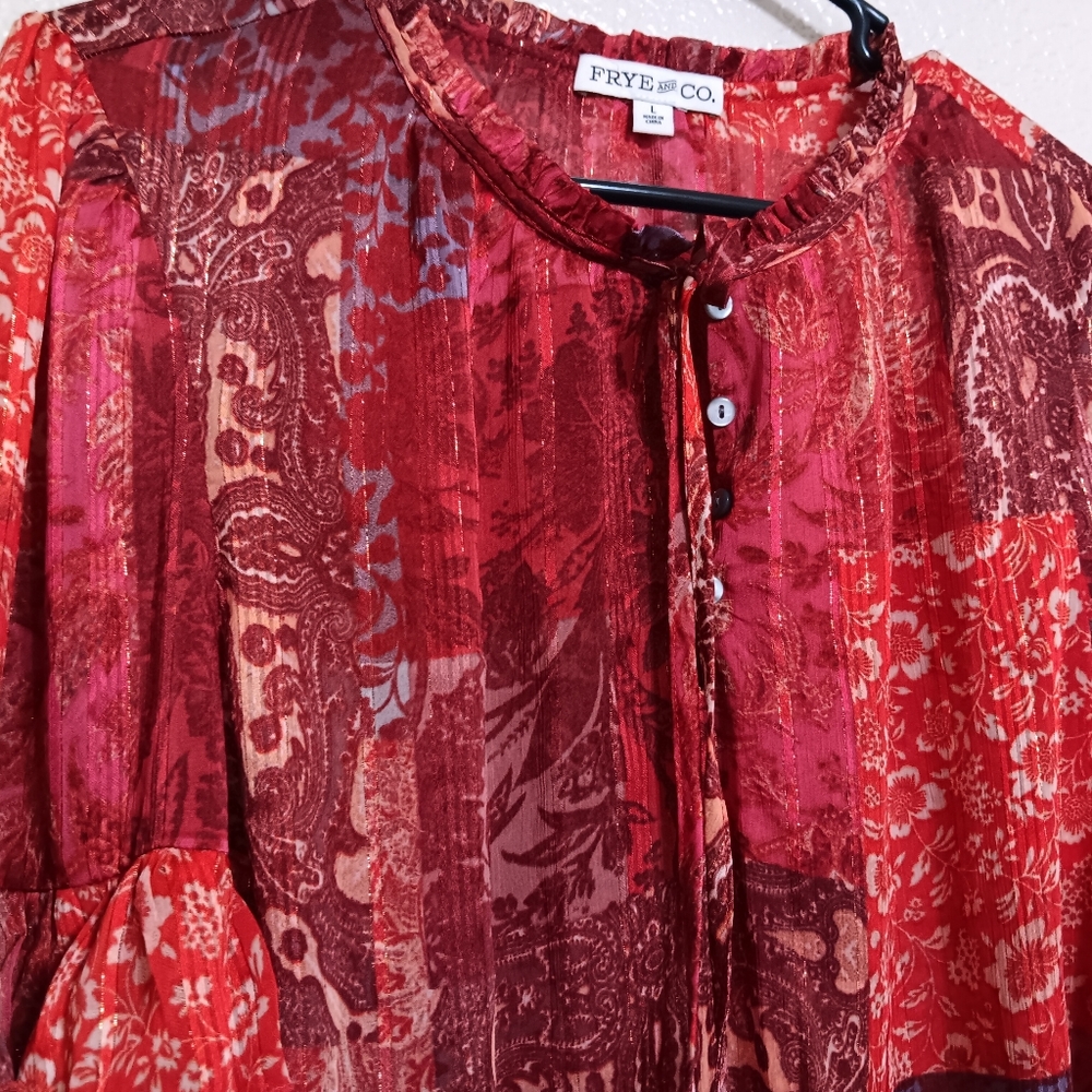 Frye Rust Floral Patchwork Ruffle Blouse Top - image 3